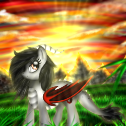 Size: 1800x1800 | Tagged: safe, artist:ponygraphics, oc, oc only, oc:scarlet spectrum, pony, background pony, cloud, grass, mountain, sun