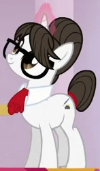 Size: 204x348 | Tagged: safe, derpibooru import, screencap, raven, pony, unicorn, background pony, cropped, female, glasses, mare, smiling, solo