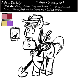 Size: 600x600 | Tagged: safe, artist:thebathwaterhero, oc, oc only, oc:brandy byte, pony, artificial intelligence, cyberpunk, cyoa, cyoa:semantic error, female, mare, shovel, solo, template