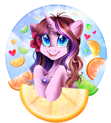 Size: 1800x2000 | Tagged: safe, artist:meotashie, oc, oc only, oc:citrus sky, pony, unicorn, chest fluff, ear fluff, ears, female, flower, flower in hair, fruit, heart, looking at you, mare, simple background, solo, tongue out, transparent background