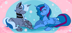 Size: 1024x475 | Tagged: safe, artist:hovesoffire48, derpibooru import, oc, oc only, oc:sapphire sky, oc:twibot, alicorn, pony, robot, robot pony, alicorn oc, female, lesbian, mare, oc x oc, shipping