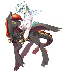 Size: 1280x1476 | Tagged: safe, artist:oloxbangxolo, derpibooru import, oc, oc only, oc:hawke moonstrider, oc:sweet dreams, bat pony, dracony, hybrid, kirin, pony, armor, riding