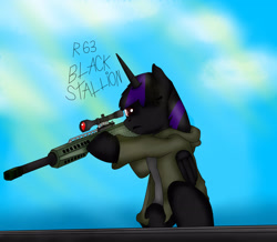 Size: 3200x2784 | Tagged: safe, artist:black stallion, derpibooru import, oc, oc only, oc:black stallion, alicorn, pony, unicorn, alicorn oc, base used, female, gun, hooves, horn, male, one eye closed, optical sight, r63 paradox, rifle, sniper, sniper rifle, solo, stallion, text, weapon