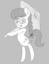 Size: 1700x2200 | Tagged: safe, artist:vsdrawfag, derpibooru import, silver spoon, pony, bipedal, ear fluff, monochrome, open mouth, sketch, solo, umbrella