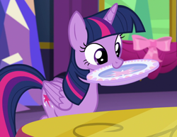 Size: 1070x825 | Tagged: safe, screencap, twilight sparkle, twilight sparkle (alicorn), alicorn, pony, no second prances, cute, dish, mouth hold, nom, solo, twiabetes