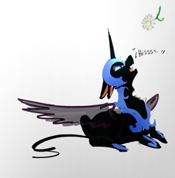 Size: 1185x1206 | Tagged: safe, artist:alumx, derpibooru import, nightmare moon, behaving like a cat, flower, hissing, prone, simple background, solo