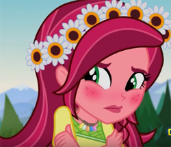Size: 963x826 | Tagged: safe, derpibooru import, edit, edited screencap, screencap, gloriosa daisy, equestria girls, legend of everfree, blushing, cropped, discovery kids, magical geodes, solo