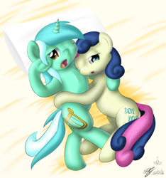 Size: 3563x3800 | Tagged: safe, artist:icy wings, derpibooru import, bon bon, lyra heartstrings, sweetie drops, pony, bed, female, hug, lesbian, lyrabon, mare, shipping, sleepy