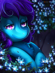 Size: 800x1045 | Tagged: safe, artist:maggie fess, oc, oc only, pony, chest fluff, flower, fluffy, lying, night, on back, purple eyes, slit eyes, solo, ych result