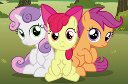 Size: 915x604 | Tagged: safe, derpibooru import, screencap, apple bloom, scootaloo, sweetie belle, earth pony, pegasus, pony, unicorn, the fault in our cutie marks, adorabloom, cute, cutealoo, cutie mark crusaders, diasweetes, female, filly, looking at you, sitting, sweetie belle's stare