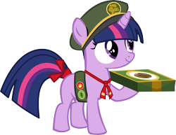 Size: 12808x9872 | Tagged: safe, artist:cyanlightning, twilight sparkle, pony, unicorn, .svg available, absurd resolution, cap, cookie, cute, cyan's filly guides, female, filly, filly guides, filly scouts, filly twilight sparkle, food, hat, holding, ribbon, simple background, solo, transparent background, twiabetes, vector, younger