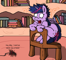 Size: 1092x1000 | Tagged: safe, artist:kilo60, twilight sparkle, twilight sparkle (alicorn), alicorn, pony, spider, arachnophobia, book, chair, open mouth, scared, screaming, wide eyes