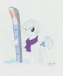 Size: 811x985 | Tagged: safe, artist:soulsliver249, double diamond, earth pony, pony, clothes, scarf, skis, smiling, solo, traditional art