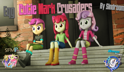 Size: 1787x1036 | Tagged: safe, artist:sindroom, apple bloom, scootaloo, sweetie belle, equestria girls, 3d, boots, clothes, cutie mark crusaders, downloadable, gmod, old version, shorts, sitting, source filmmaker