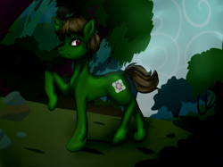 Size: 958x718 | Tagged: safe, artist:danteante, derpibooru import, oc, oc only, oc:nahuelin, plant pony, pony, unicorn, everfree forest, male, raised hoof, solo