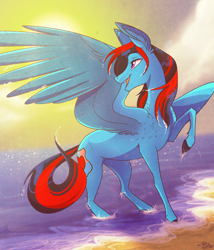 Size: 3500x4090 | Tagged: safe, artist:probablyfakeblonde, derpibooru import, oc, oc only, oc:andrew swiftwing, pegasus, pony, beach, cloud, cutie mark, looking away, male, mane down, sand, smiling, stallion, sun, water, wet, wet mane