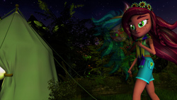 Size: 3840x2160 | Tagged: safe, artist:dj-chopin, gaea everfree, gloriosa daisy, equestria girls, legend of everfree, 3d, clothes, freckles, magical geodes, night, shorts, solo, source filmmaker, stars, tent, tree