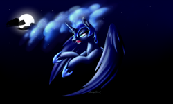 Size: 6600x3954 | Tagged: safe, artist:strachattack, nightmare moon, alicorn, pony, absurd resolution, cloud, fangs, growling, moon, night, solo