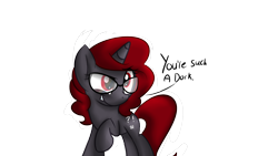 Size: 1920x1080 | Tagged: safe, artist:littleblackraencloud, derpibooru import, oc, oc only, oc:curse word, pony, unicorn, dialogue, female, glasses, grin, insult, mare, raised hoof, simple background, smiling, standing, transparent background