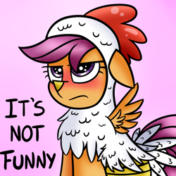 Size: 950x950 | Tagged: safe, artist:radek1212, scootaloo, chicken, angry, animal costume, blatant lies, blushing, chicken suit, clothes, costume, cute, cutealoo, floppy ears, pink background, scootachicken, scootaloo is not amused, simple background, solo, tsundaloo, tsundere