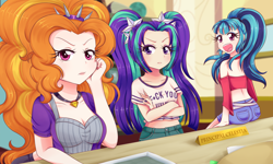 Size: 1500x900 | Tagged: safe, artist:lucy-tan, adagio dazzle, aria blaze, sonata dusk, equestria girls, rainbow rocks, annoyed, breasts, canterlot high, cleavage, clothes, crossed arms, female, human coloration, looking at you, midriff, short shirt, sitting, smiling, table, the dazzlings, trio, vulgar