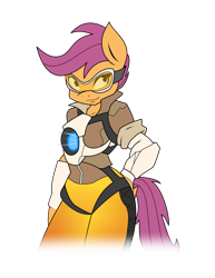 Size: 5000x6467 | Tagged: safe, artist:ambris, artist:baronbronie, edit, scootaloo, anthro, absurd resolution, clothes, colored, cosplay, costume, crossover, female, goggles, overwatch, simple background, solo, tracer, transparent background, wavy mouth