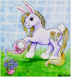 Size: 600x653 | Tagged: safe, artist:nekokadi, derpibooru import, daisyjo, g3, bunny ears, bunny tail, flower, pen drawing, solo, traditional art, watering can