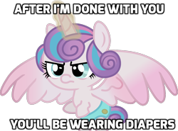 Size: 1186x880 | Tagged: safe, artist:andrevus, princess flurry heart, to where and back again, angry, baby, diaper, flying, frown, glare, glowing horn, image macro, magic, meme, simple background, solo, spread wings, unamused