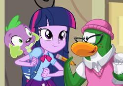 Size: 1280x896 | Tagged: safe, derpibooru import, edit, edited screencap, screencap, spike, twilight sparkle, dog, penguin, equestria girls, clothes, club penguin, downvote bait, female, glasses, male, pencil, spike the dog, why