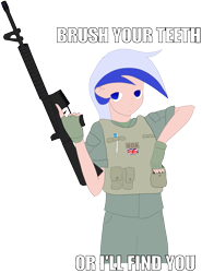 Size: 775x1045 | Tagged: safe, artist:totallynotabronyfim, minuette, human, ar15, assault rifle, british, clothes, gun, humanized, image macro, impact font, lidded eyes, m16, meme, monty python, rifle, simple background, solo, text, toothbrush, transparent background, trigger discipline, vest, weapon