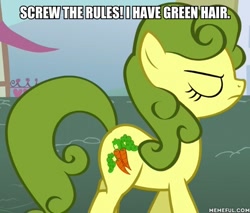 Size: 600x511 | Tagged: safe, edit, edited screencap, screencap, carrot top, golden harvest, earth pony, pony, boast busters, background pony, carrot top is not amused, eyes closed, female, green hair, image macro, impact font, mare, meme, memeful.com, seto kaiba, solo, unamused, yugioh abridged