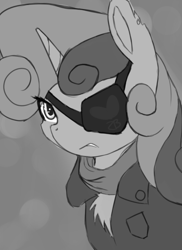 Size: 583x801 | Tagged: safe, artist:jonathan the awesome, derpibooru exclusive, derpibooru import, sweetie belle, chest fluff, clothes, eyepatch, grayscale, jacket, monochrome, scarf, solo