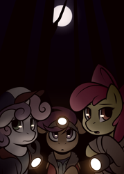 Size: 1024x1434 | Tagged: safe, artist:whitepone, derpibooru import, apple bloom, scootaloo, sweetie belle, earth pony, pegasus, pony, unicorn, cutie mark crusaders, moon, stranger things, trio