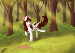 Size: 5000x3500 | Tagged: safe, artist:xskytheartist, oc, oc only, oc:jennabun, alicorn, pony, alicorn oc, crepuscular rays, eyes closed, forest, raised hoof, solo