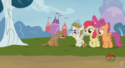 Size: 844x462 | Tagged: safe, screencap, apple bloom, ripley, scootaloo, zippoorwhill, dog, pony, forever filly, ball