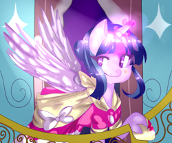 Size: 1080x900 | Tagged: safe, artist:estharian, twilight sparkle, twilight sparkle (alicorn), alicorn, pony, magical mystery cure, alternate hairstyle, balcony, clothes, coronation dress, dress, smiling, solo