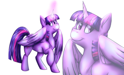 Size: 2226x1351 | Tagged: safe, artist:poke-chan145, twilight sparkle, twilight sparkle (alicorn), alicorn, pony, glowing horn, raised hoof, simple background, smiling, solo, transparent background