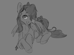 Size: 1279x951 | Tagged: safe, artist:lulemt, oc, oc only, pegasus, pony, commission, grayscale, jewelry, looking at you, lying down, monochrome, necklace, solo, unshorn fetlocks