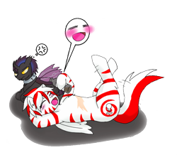 Size: 800x698 | Tagged: safe, artist:jolliapplegirl, derpibooru import, oc, oc only, oc:bugbreath, oc:peppermint swirl, changeling, zebra, fallout equestria, alcohol, collar, enclave, fallout equestria oc, purple changeling, vodka, zebrasus