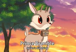 Size: 4430x3013 | Tagged: safe, artist:chiptunebrony, bramble, deer, pony, absurd resolution, anime, barrel, collar, english, fake, smiling, solo, subtitles, sunset, text, tree