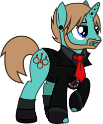 Size: 1240x1499 | Tagged: safe, artist:lightningbolt, derpibooru exclusive, pony, unicorn, .svg available, annoyed, armband, bob bryar, clothes, ear piercing, facial hair, fingerless gloves, gloves, horn piercing, lip piercing, male, my chemical romance, necktie, piercing, ponified, raised hoof, shirt, shoes, simple background, socks, solo, stallion, suit, svg, three cheers for sweet revenge, transparent background, undershirt, vector