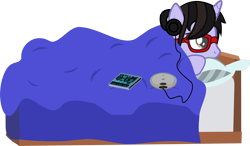 Size: 1954x1140 | Tagged: safe, artist:lightningbolt, derpibooru exclusive, pony, unicorn, .svg available, bed, brendon urie, casual, cd, cd player, fall out boy, glasses, headphones, male, panic! at the disco, pillow, ponified, portable cd player, prone, simple background, solo, stallion, svg, take this to your grave, transparent background, vector