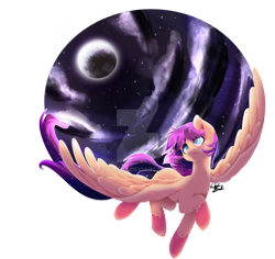 Size: 1024x967 | Tagged: safe, artist:fuyusfox, oc, oc only, oc:star shift, pegasus, pony, beautiful, cloud, colored hooves, commission, flying, full moon, long tail, looking up, male, moon, night, signature, smiling, solo, sparkly eyes, sparkly mane, spread wings, stallion, stars, watermark, wings