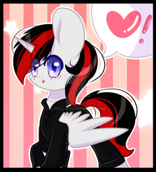 Size: 1024x1134 | Tagged: safe, artist:twily-star, oc, oc only, oc:vanitas, alicorn, pony, clothes, exclamation point, heart, male, solo, stallion, watermark