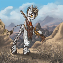 Size: 724x724 | Tagged: safe, artist:asimos, derpibooru import, oc, oc only, zebra, gun, natives, rifle, solo, weapon