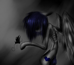 Size: 1600x1400 | Tagged: safe, artist:lucitfandmlp, oc, oc:lu flow, butterfly, beelzebub, ponified, sad