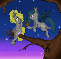 Size: 1203x1160 | Tagged: safe, artist:silver1kunai, oc, oc only, oc:soma, oc:speck, bat pony, pony, cute, ear fluff, female, flying, food, inside joke, mare, night, pineapple, tree