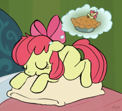 Size: 920x834 | Tagged: safe, artist:morgana, derpibooru exclusive, apple bloom, earth pony, pony, adorabloom, bed, bedroom, cute, dream, female, filly, food, pie, pillow, sketch, sleeping, solo