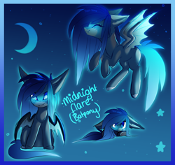 Size: 1480x1400 | Tagged: safe, artist:zephyrii, oc, oc only, oc:midnight flare, bat pony, pony, eyes closed, moon, solo, stars