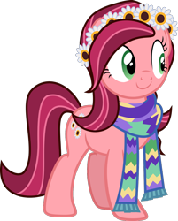 Size: 972x1209 | Tagged: safe, artist:rustle-rose, gloriosa daisy, earth pony, pony, equestria girls, legend of everfree, clothes, equestria girls ponified, female, floral head wreath, flower, flower in hair, mare, ponified, scarf, simple background, solo, transparent background, vector